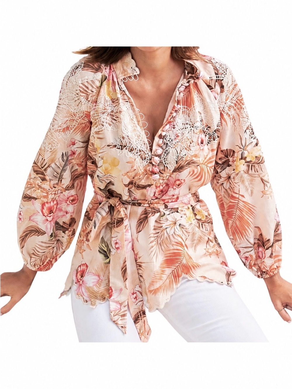 Boston Proper Linen Blend Ipanema Blouse Tie Waist Scalloped Hem L Tropical